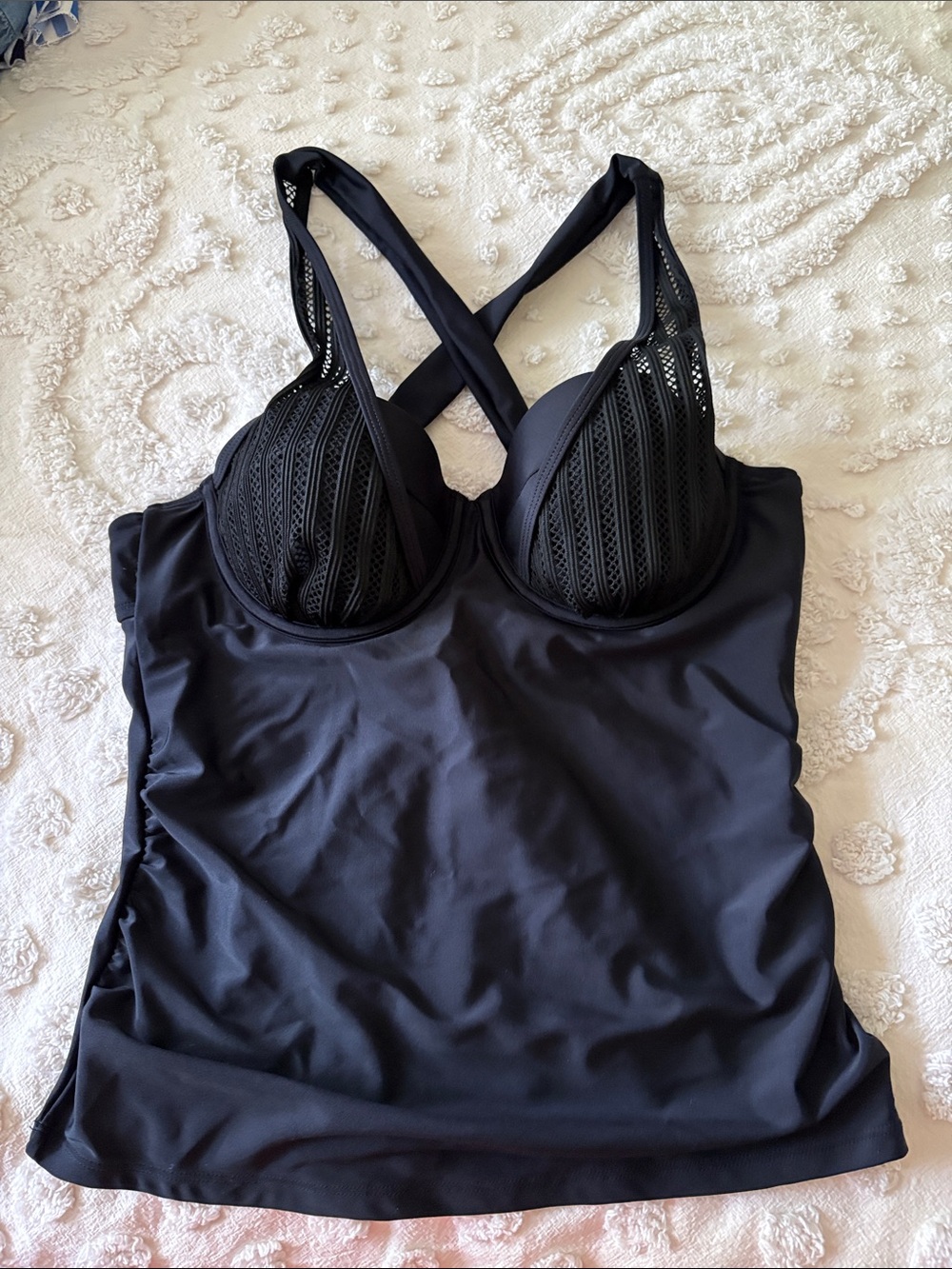 Cupshe Black Mesh-Detail Tankini Swim Top with Underwire